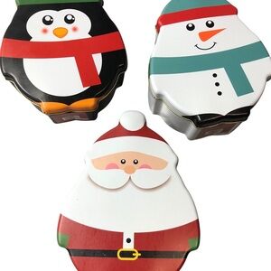 3pc Christmas Tin Shape Figure Santa Snowmen, Penguin for Cookies, Treats & More